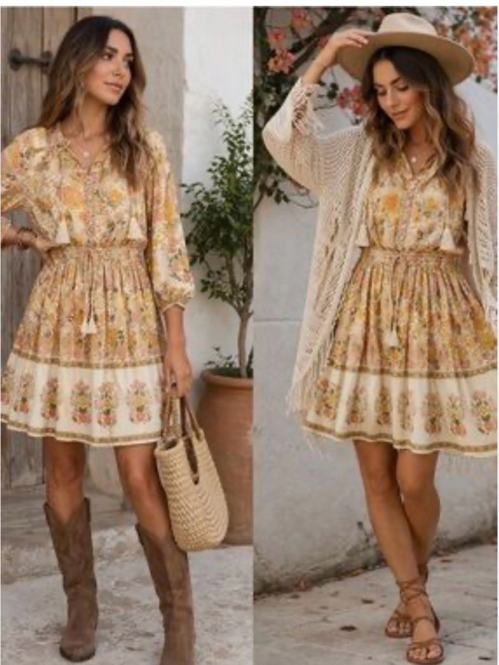 ELAN long sleeve print tie neck dress boho puff sleeve cream monterey print